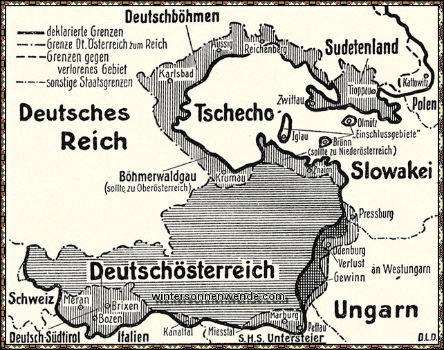 Deutschösterreichs Staatsgebiet nach der ursprünglichen Staatserklärung und in den heutigen Grenzen.