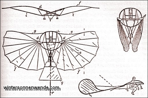 Konstruktionszeichnungen Otto Lilienthals für ein Gleitflugzeug.