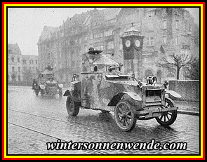 März 1921: Belgische Panzerautos in den Straßen Düsseldorfs.