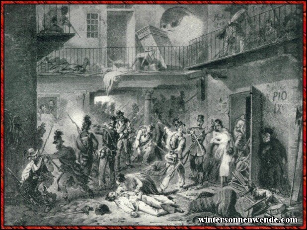 Szene aus den Straßenkämpfen zu Mailand im
März 1848.