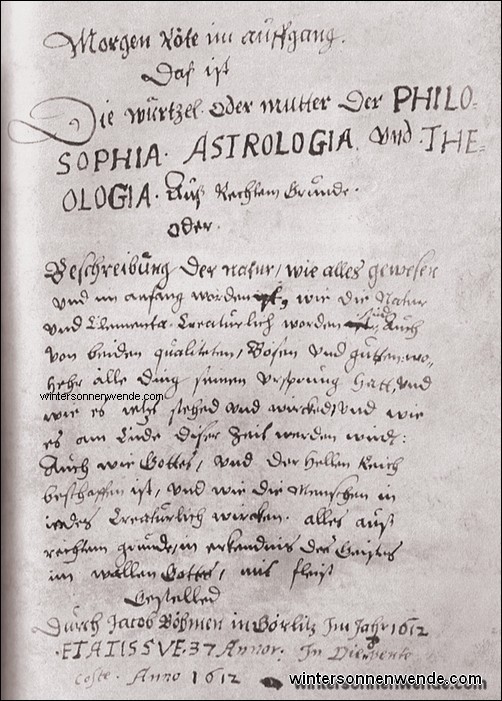 Jakob Böhme, Titelseite der 'Morgenröte im Aufgang'.