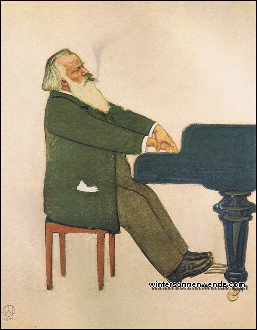 Brahms am Flügel. Aquarell von Willy von Beckerath, 1911.