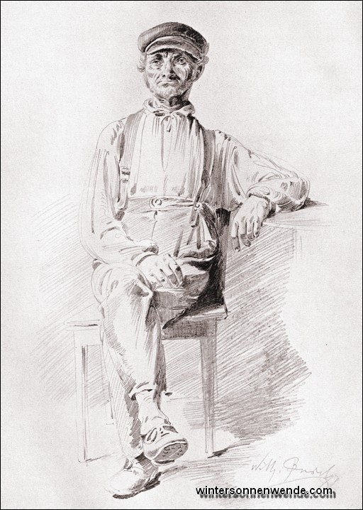 Wilhelm Busch: Sitzender Bauer, Bleistiftzeichnung.