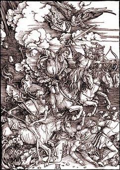 Die apokalyptischen Reiter. Holzschnitt von Albrecht Dürer, 1497/98.