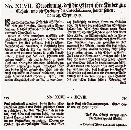 Königliche Verordnung zur Einführung der Allgemeinen Schulpflicht in Preußen, 1717.