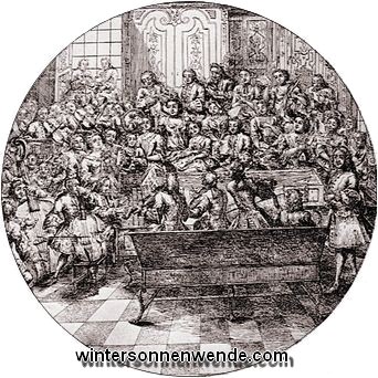 Händel dirigiert eine Oratorien-Aufführung in London. 
Zeitgenössische Zeichnung.