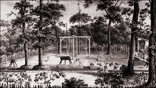 Der erste Turnplatz in der Hasenheide im Jahre 1811.