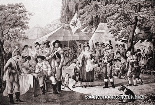 Wallensteins Lager. Szenenbild der Weimarer Uraufführung, 1798.