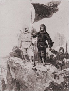 Julius Payer und Carl Weyprecht errichten die Flagge auf Franz-Josef-Land.