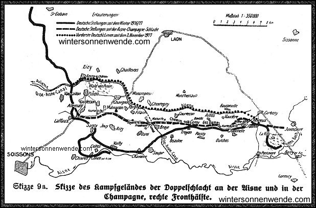 Skizze des Kampfgeländes der Doppelschlacht 
an der Aisne und in der Champagne, rechte Fronthälfte