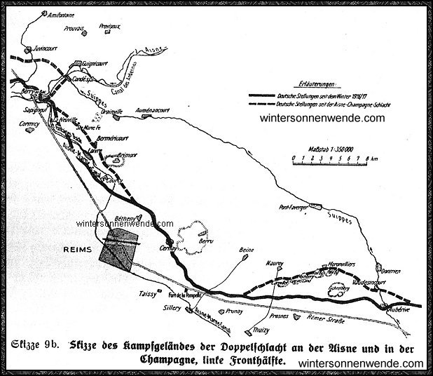 Skizze des Kampfgeländes der 
Doppelschlacht an der Aisne und in der Champagne, linke Fronthälfte