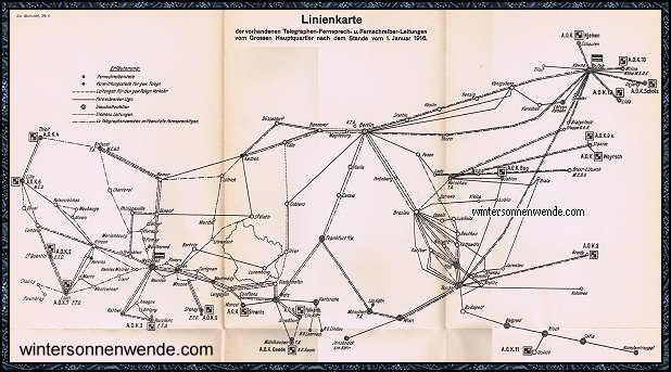 Linienkarte der vorhandenen Telegraphen-Fernsprech- u. 
Fernschreiber-Leitungen vom Großen Hauptquartier nach dem Stande
vom 1. Januar 1916.